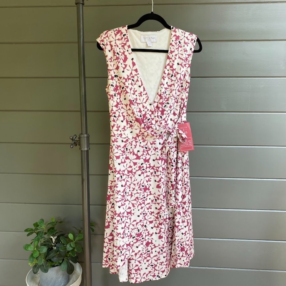 Truth And Fable: Elegant Floral Midi Dress - Pink and White